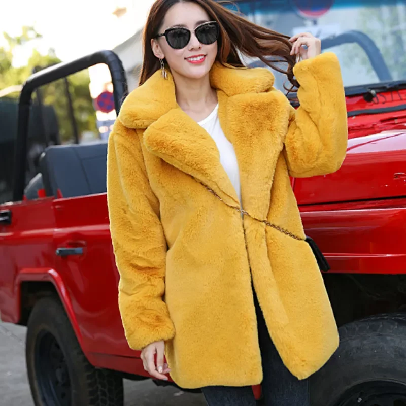 Women High Quality Faux Rabbit Fur Coat Luxury Fur Coat Loose Lapel OverCoat Thick Warm Plus Size Female Plush Coats traf