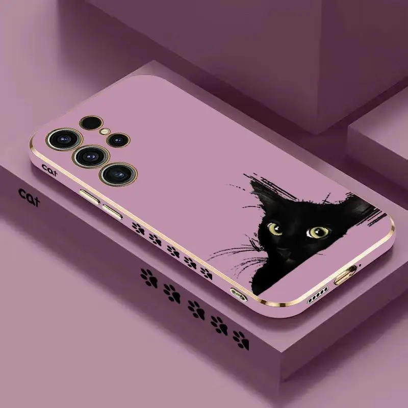 Cold Black Cat  Luxury Plating Phone Case For Samsung Galaxy S23 S22 S21 S10 S9 S8 Plus Note 20 ultra 10 Plus Cover