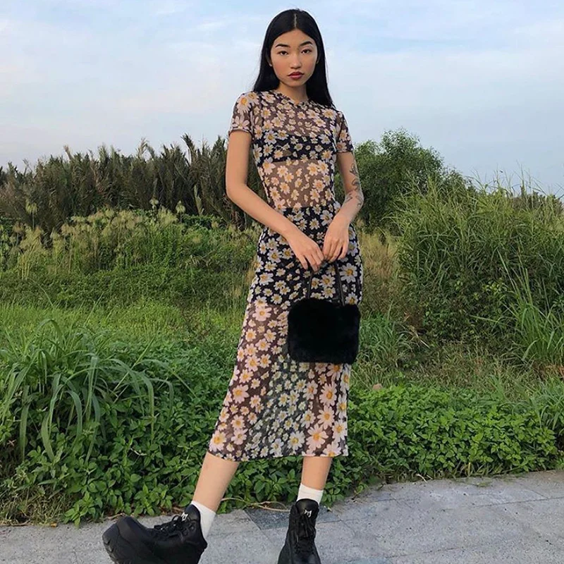 

Sunflower dress network transparent Maxi Dress Y2K aesthetic short sleeve slim bodycon 90s secondhand summer dress