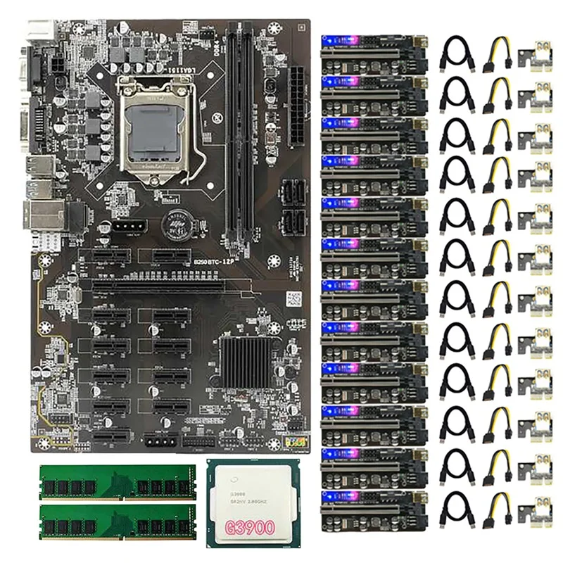 

B250 BTC Mining Motherboard with 12XVER010S Plus PCIE Riser Card+G3900 CPU+2X DDR4 RAM LGA1151 DDR4 DIMM 12 PCIE GPU