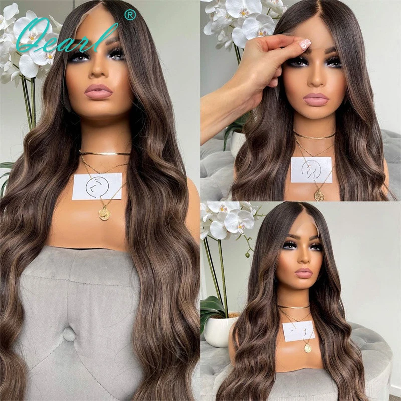 Body Wave 360 Lace Frontal Wig Chocolate Brown with Honey Blonde Highlights Real Human Hair Full Lace Wigs 4/27/30 180% Qearl