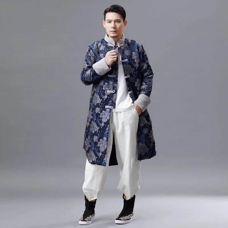 Winter new cut flower long padded jacket mid-length thickened men's padded jacket ethnic style parkas men's winter coats Coat