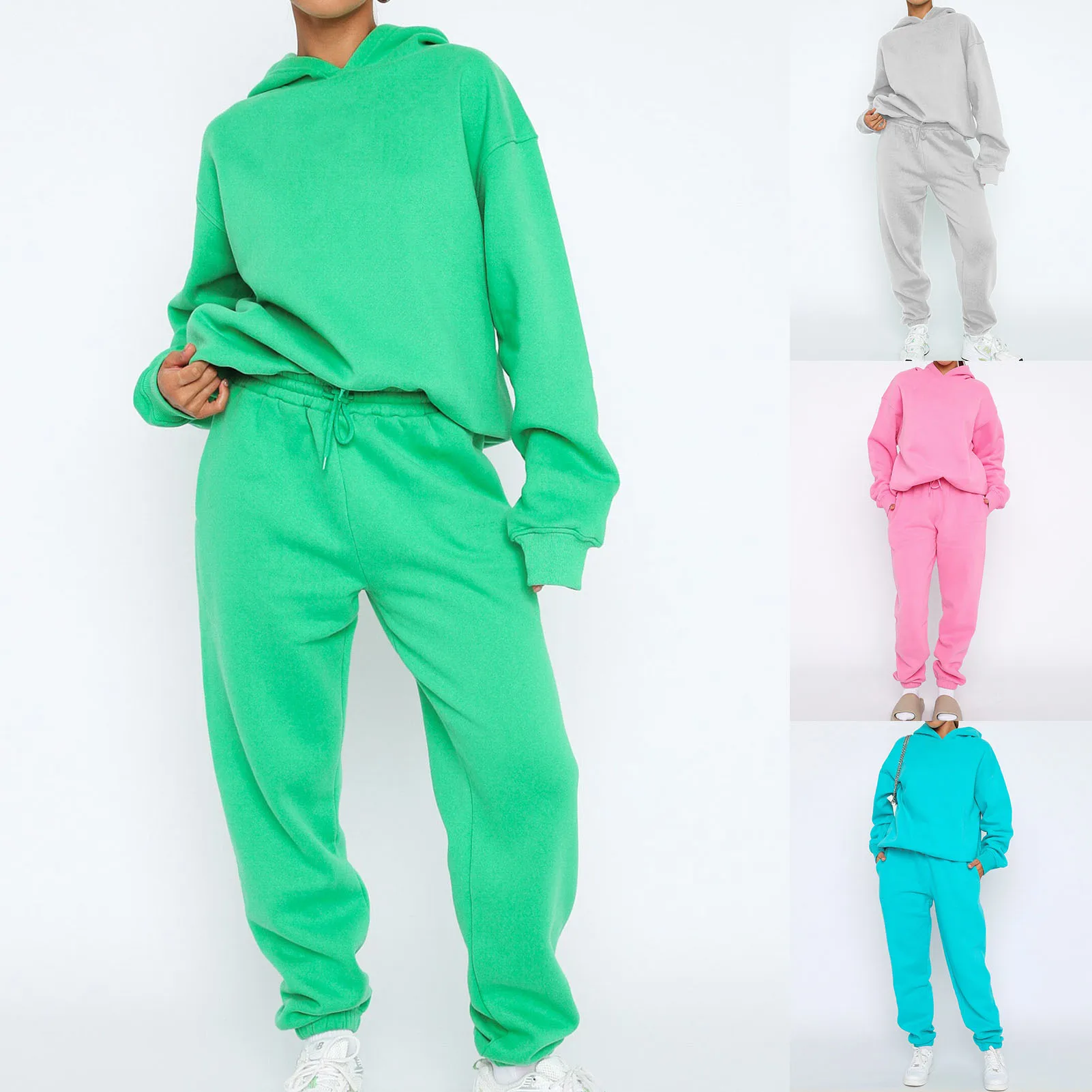 

Ladies Long Sleeve Hoodies&Trousers Solid Color Sweatshirt Elastic Waist Sweatpants Set Hooded Top Pants Outfits Clothing 2023