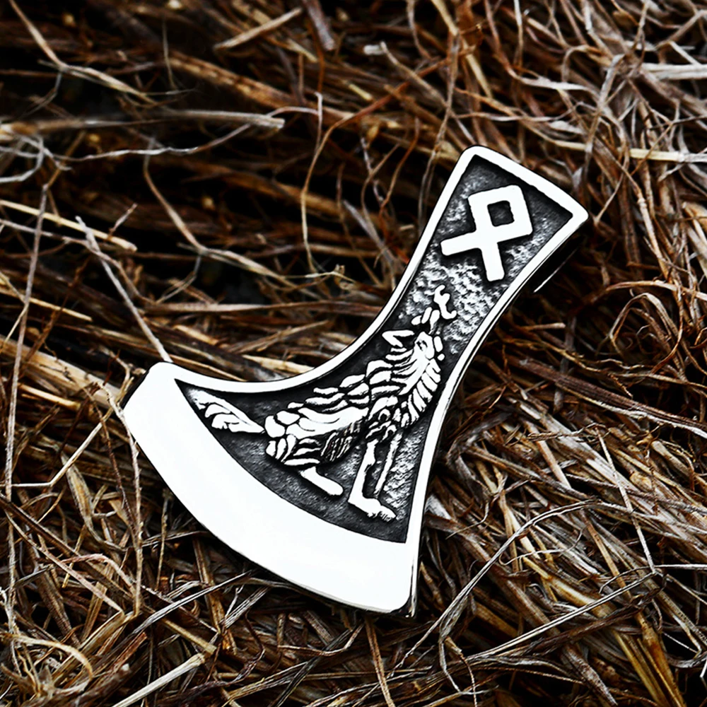 

Fashion Vintage Viking Axe Wolf Pendant Stainless Steel Nordic Rune Necklace For Men Biker Amulet Jewelry Gift Dropshipping