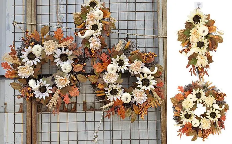 

Artificial Pumpkins Wreaths Autumn Wreath With Maple Leaf White Pumpkins Sunflower Farmhouse Fall Wreath Decor For Thanksgiving