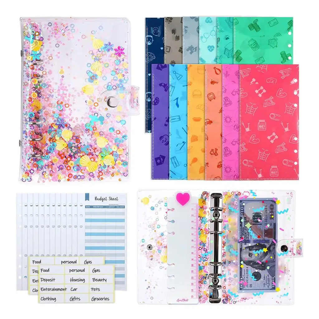 

29 Pieces A6 PVC Binder Glitter Cover Sets with 12 Budget Envelopes,Expense Budget Sheet,1PVC Bag, 1 Ruler and 2 Label Sticker