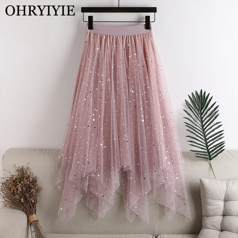 

OHRYIYIE розовая бежевая нерегулярная тюлевая юбка с блестками женская 2023 Весна лето модная длинная юбка трапециевидной формы с высокой талией женская сетчатая юбка
