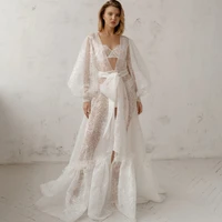 women white tulle bridal dressing gown sexy long sleeves wedding bathrobes v neck custom made boudoir sleepwear nightgowns