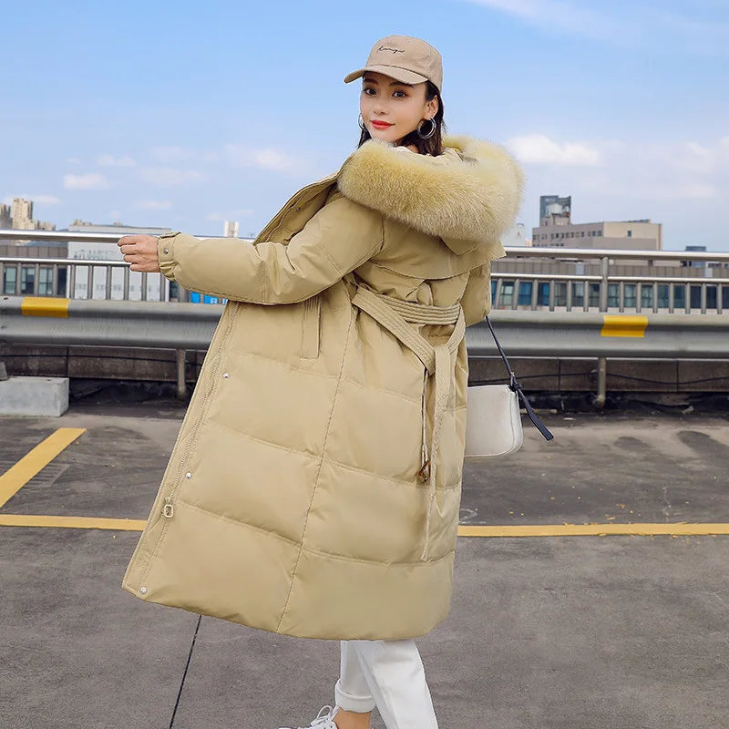 

Aoottii 2022New X-long Winter Jacket Women Real Natural Fox Fur Collar Hooded 90% White Duck Down Coat Thick Warm Loose Outerwea