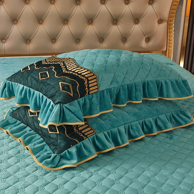

2PCS Lace Velvet Pillow Case Cover Quilted Rectangle Couple Pillow Shams Solid Color Soft Thick for Bed 48*74cm Home Decor