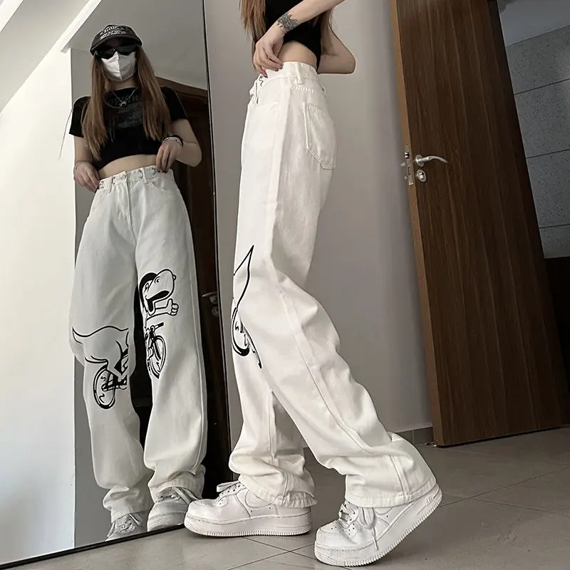 Street Funny Print Low Waisted Cargo Pants Y2K Aesthetics Indie Women Jeans Trend Denim Trousers  Harajuku Grunge Wide Leg Jeans