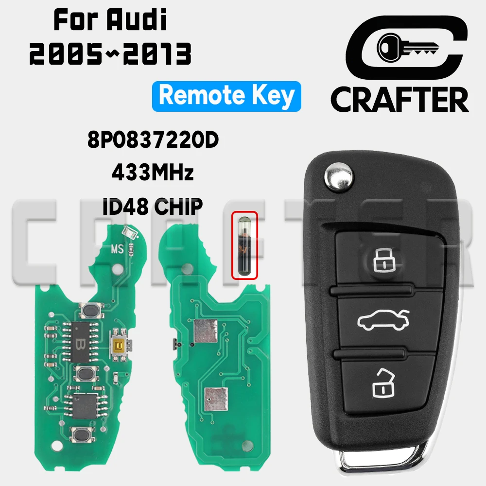 

Ключ Crafters Автомобильный дистанционный ключ 8P0837220D/G/E 315/434 МГц ID48 Чип HU66 Откидной ключ для Audi A3 TT A4 S3 S4 2005-2013 8X0837220D