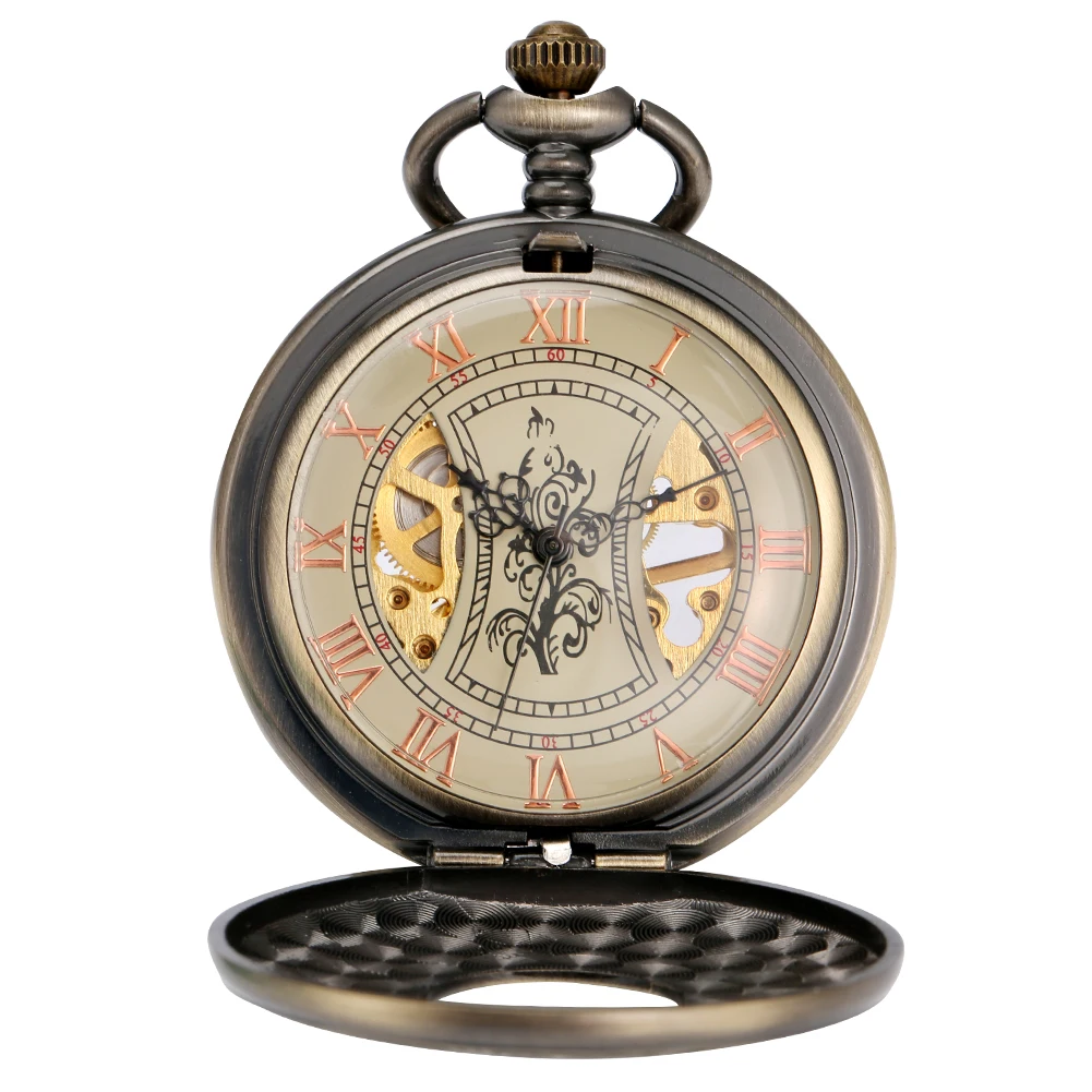 Vintage Flowers Roman Numerals Dial Bronze Mechanical Pocket Watch Punk Retro Hand Winding Pocket Timepiece with Fob Chain
