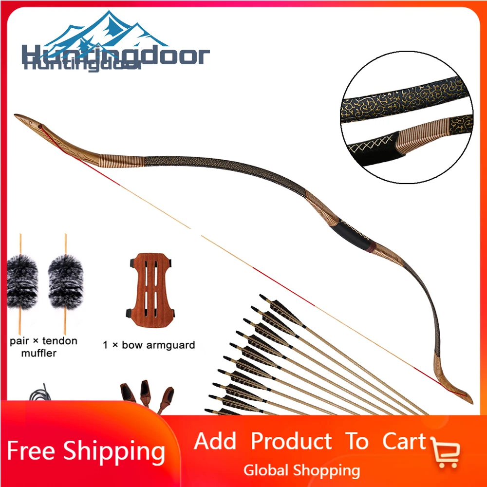 2020 Hot Huntingdoor Traditional Handmade Bow Longbow with True Feather Wood Arrows Hunting Recurve Archery Bow Set Accessories