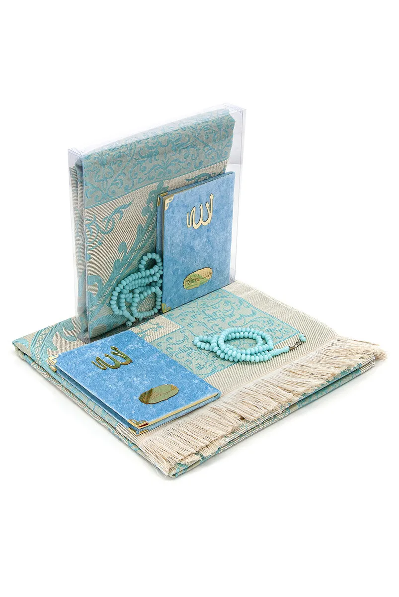 

IQRAH Bag Oversized Velvet Yasin Book-Prayer Rug-Rosary and Transparent Boxed Mawlid Gift of-blue