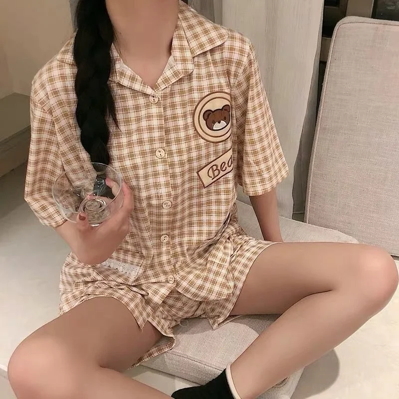 Japanese Pajamas for Women Summer College Style Pyjamas Cute Cartoon Bear Plaid Lapel Pijamas Plus Size 2 Piece Sets Home Suit