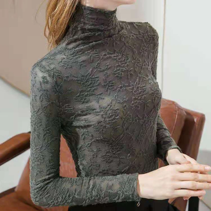 

Lucyever Women's Lace Turtleneck Shirts Slim Fit Sexy Mesh Long-sleeved All-match Tops Ladies Floral Embroidery Elastic Blouse