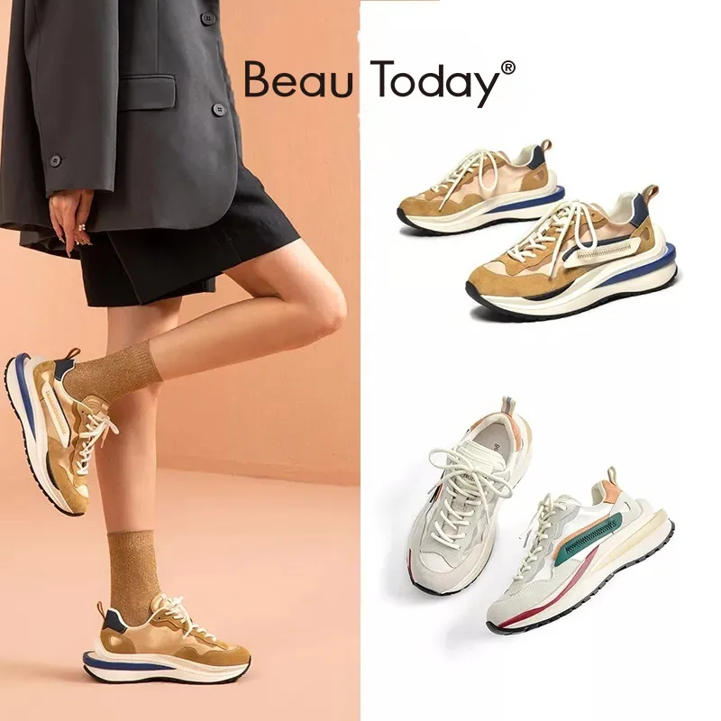 

BeauToday Waffle Sneakers Women Synthetic Leather Mixed Colors Lace-Up Platform Trainers Ladies Casual Shoes Handmade A29415
