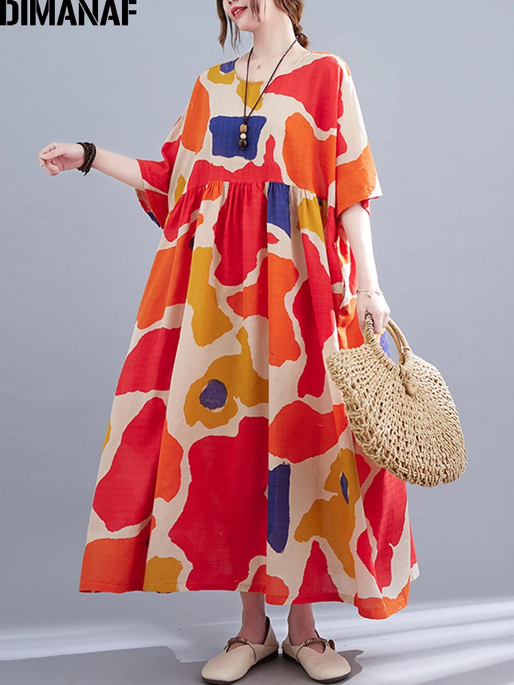

DIMANAF Women Summer Dress Bohemian Loose Oversized Beach Sundress Print Cotton Vestidos Elegant Lady Maxi Long Dress 2022 New