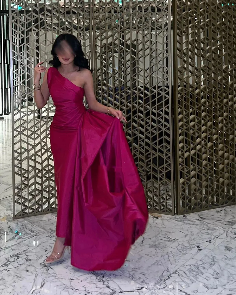 

Red One Shoulder Mermaid Saudi Arabic Evening Dress Pleats Satin Dubai Arabia Celebrate Party Dress with Skirt Formal Prom Gowns