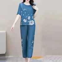 thin summer sets denim t shirt 2022 new fashion mother casual comfortable two piece set loose high quality jeans suit print top