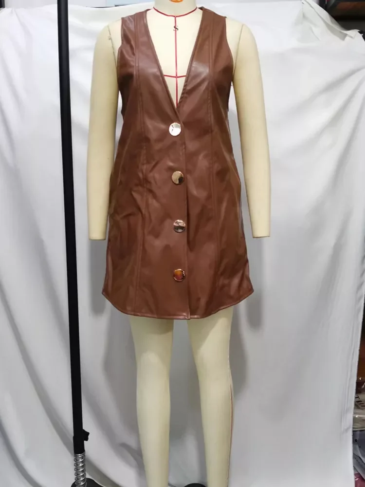 

ZEVITY New Women Vintage V Neck Single Breasted PU Leather Shirt Mini Dress Chic Ladies Sleeveless Vest Vestidos De Mujer DS9028