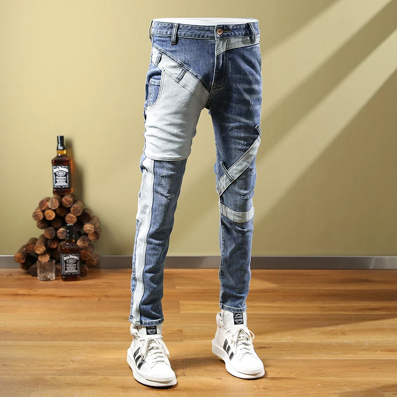 High Street Fashion Men Jeans Retro Blue Elastic Slim Fit Spliced Ripped Jeans Men Patchwork Designer Hip Hop Denim Pants Hombre