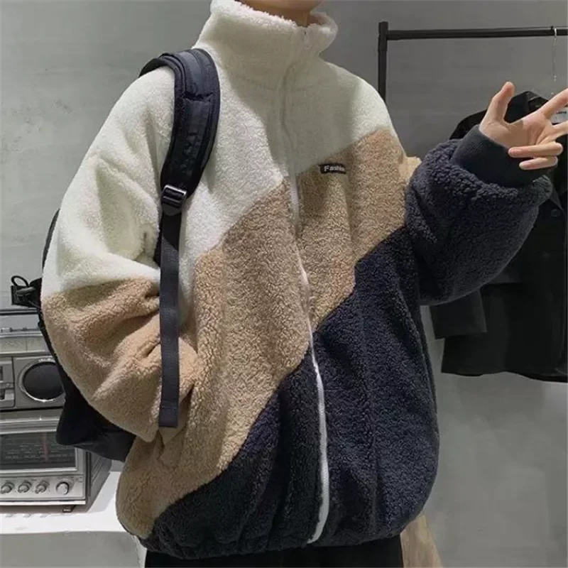 NEW Winter New Style Men Coats Fashion Warm Lamb Wool Coat Warm Cotton Clothes Male Loose Stand-up Collar Zipper Tops 2021