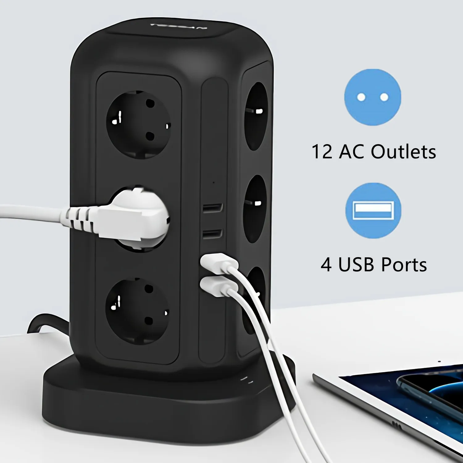 

TESSAN Tower Power Strip Surge Protector European Plug Vertical Multiple Socket 12 Way EU Outlets 4 USB Ports 2m Extension Cable