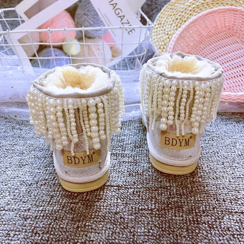 Зимние ботинки с белым жемчугом и бахромой для девочек 2023 роскошная теплая