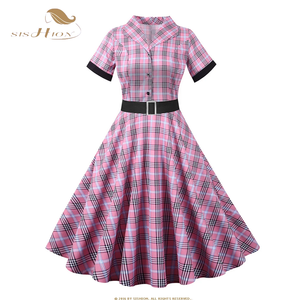 

SISHION 1950s Vintage Elegant A Line Party Dress Purple Green Plaid Print Turn Down Collar Sundress Retro Dress With Belt SR683