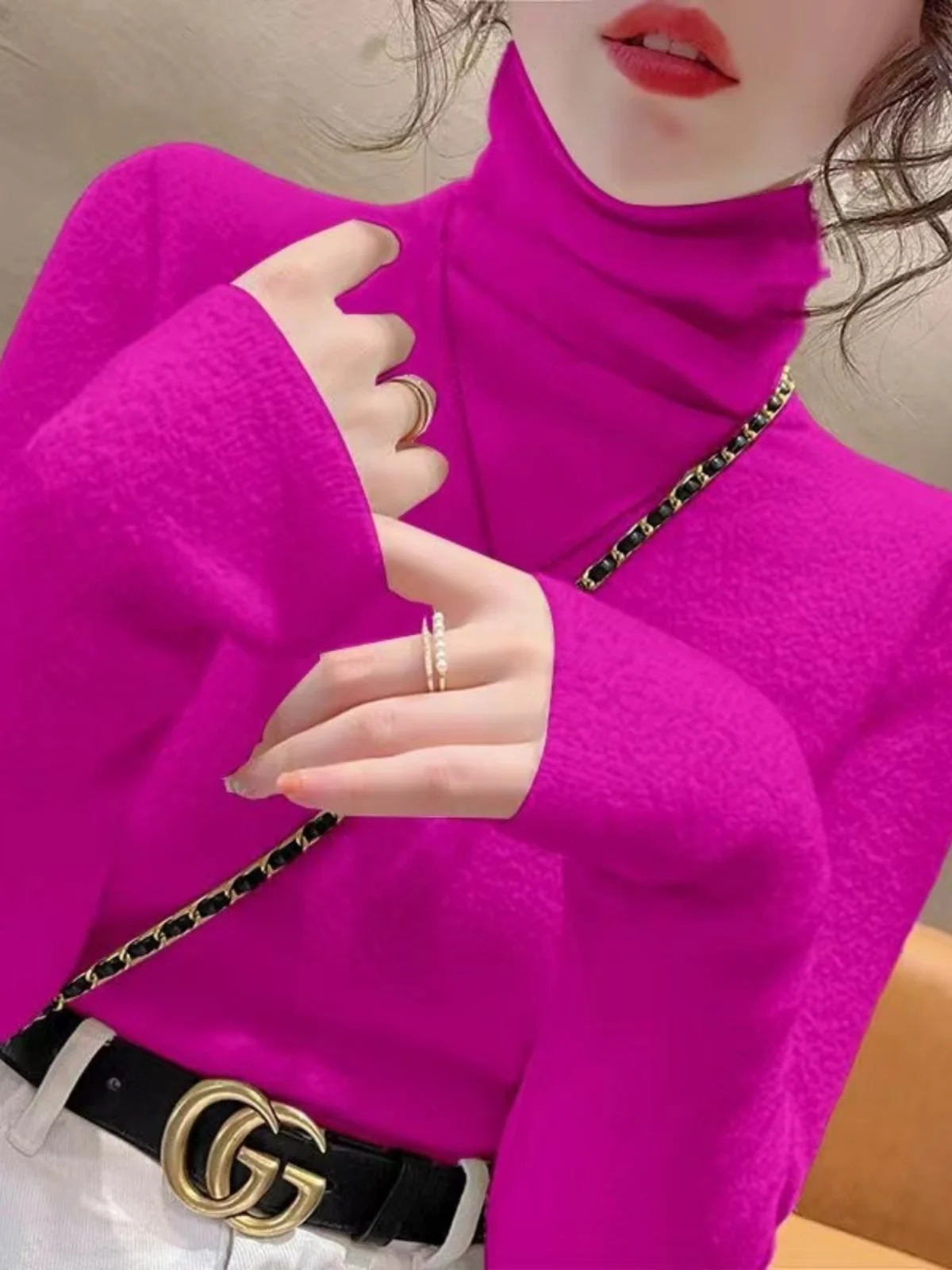 Нижняя рубашка с ворсовым воротником женская весна и осень новый облегающий