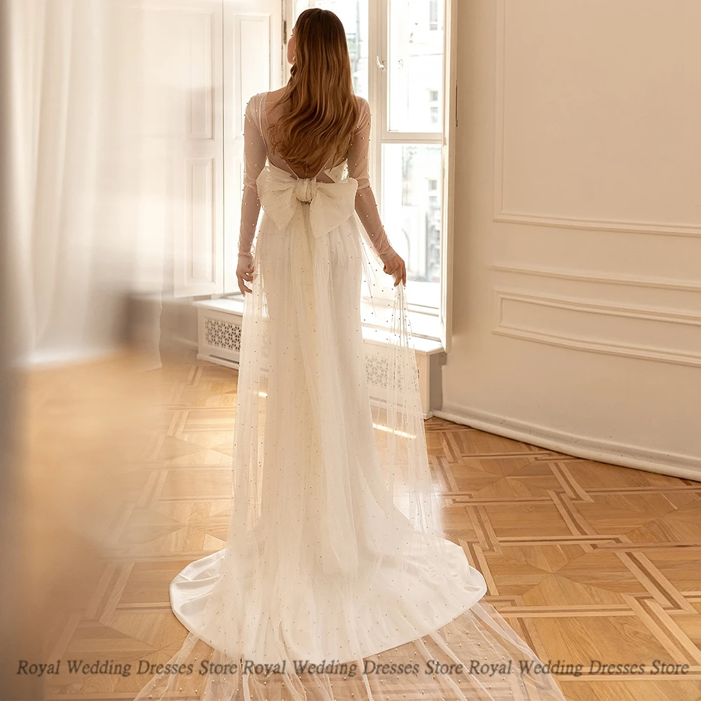 

Sexy Mermaid Wedding Dresses Big Bows Satin Sleeveless Boat Neck Open Back Tulle Sashes Summer Floor Length Gowns Robe De Ma