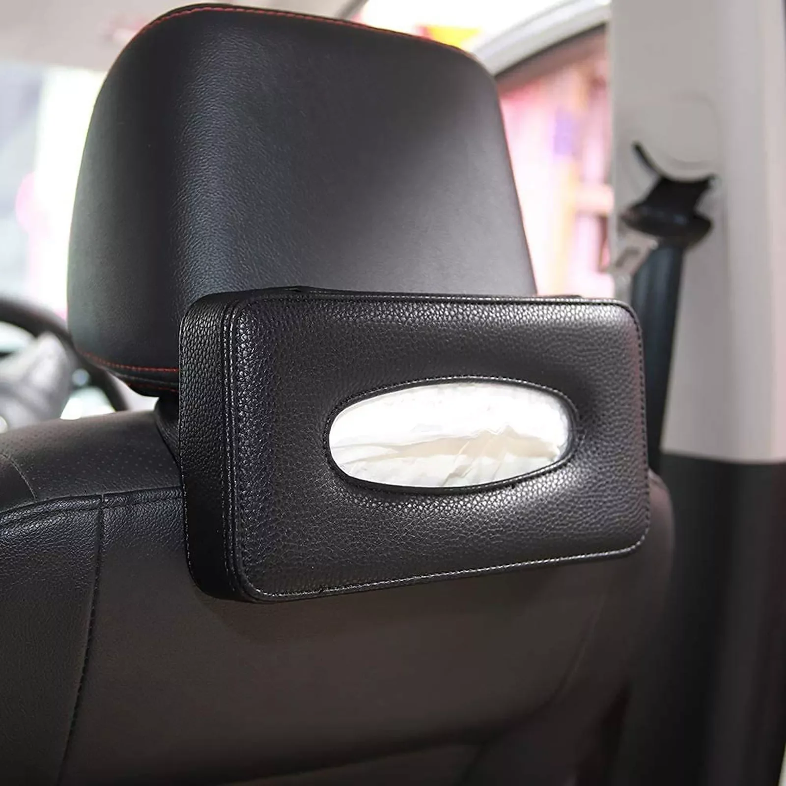 

NEW2023 Luxury Black Leather Car Back Seat Headrest Hanging Tissue Holder Case Mount Multi-use Car Tissue Paper Holder For Car &