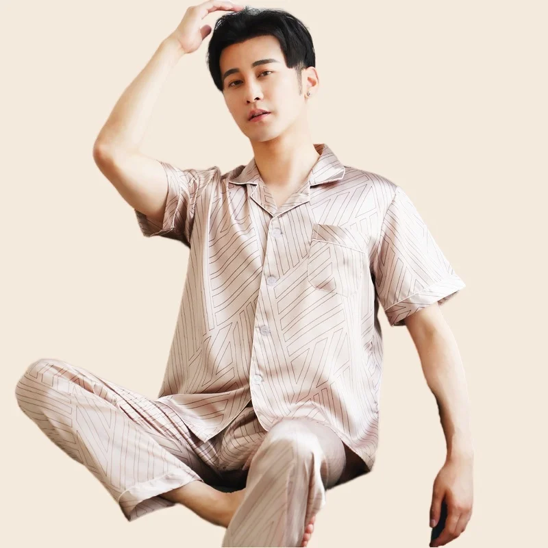 Men's Pajamas Set Summer Full Sleeve T-shirt Long Pants 2Piece/Set Sexy Stripe Print Rayon Pyjama Man Homewear Cozy PJS Big Size