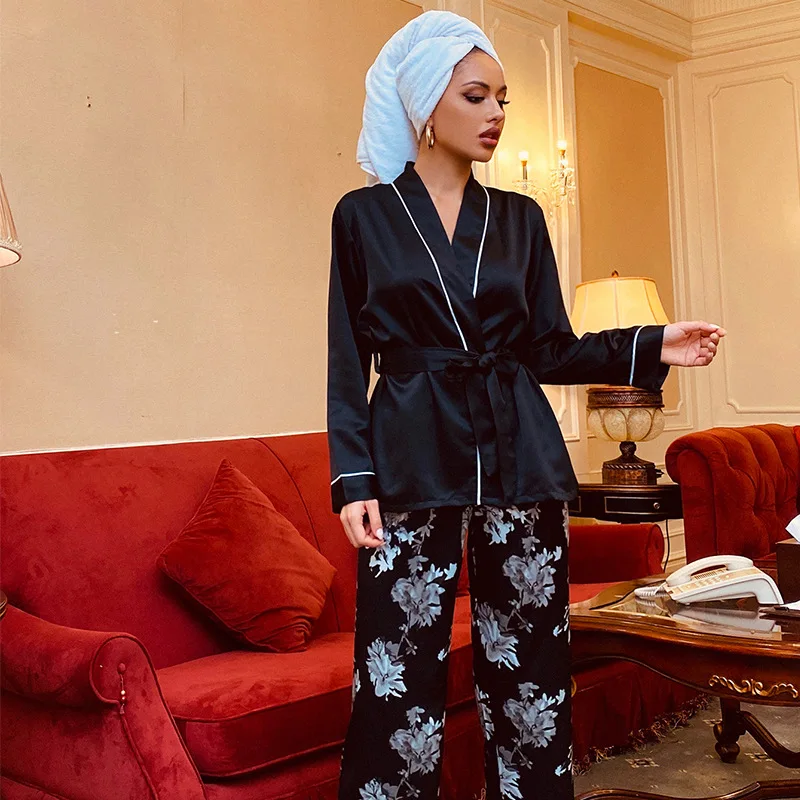 Women Two Piece Outfits Silk Satin Pyjamas Set Sleepwear Homewear For Autumn Winter Long Sleeves Nightwear Nightgown Set