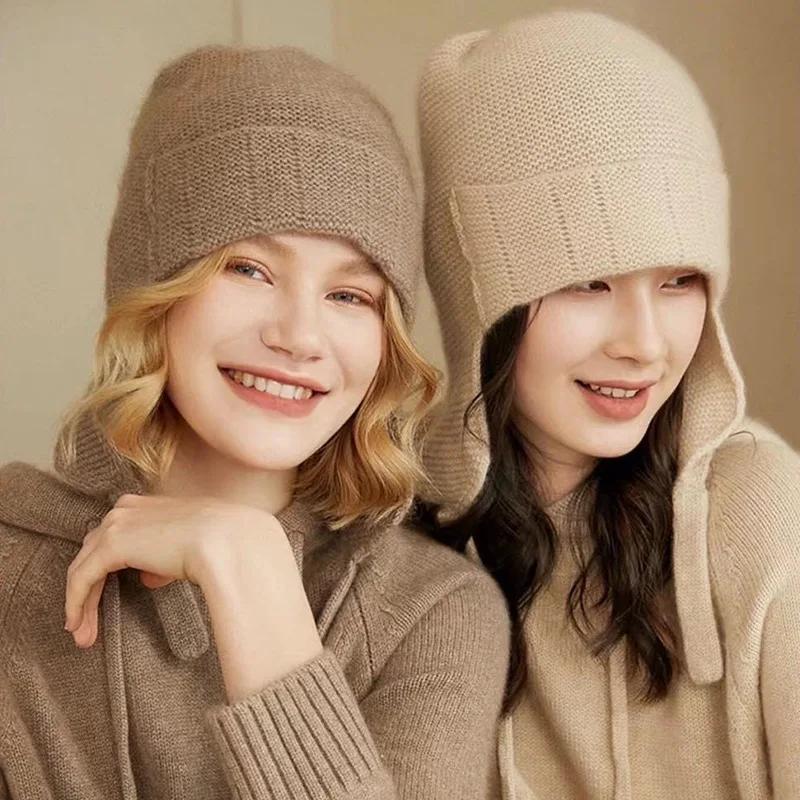 2023 Retro Style Cashmere Ear Cap Soft Knitted Hat For Women Warm Balaclava Panama Travel Buckle High Quality Hat Wholesale