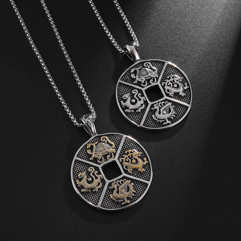 

Classic Vintage China Four Holy Beast Disc Pendant Necklace Men Women Casual Daily Fortune Amulet Jewelry Accessories