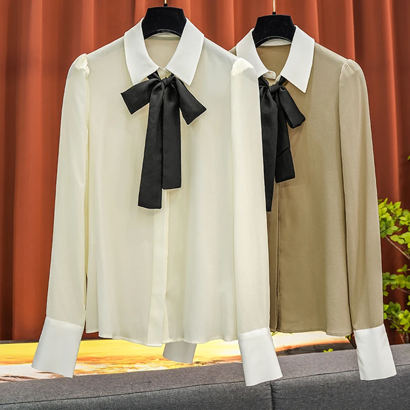 

Блузка женская шелковая с галстуком-бабочкой, осень 2023