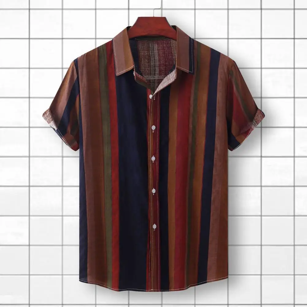 

Striped Print Short Sleeve Men Shirt Cardigan Turn-down Collar Men Top Beachwear