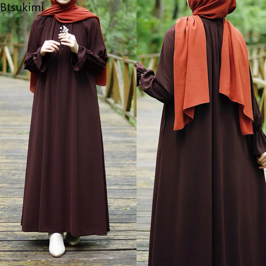 Muslim Fashion Abaya Solid Loose Long Sleeve Ruffles Sundress Round Neck Robe Maxi Dress Ladies Traditional Dubai Islam Clothes