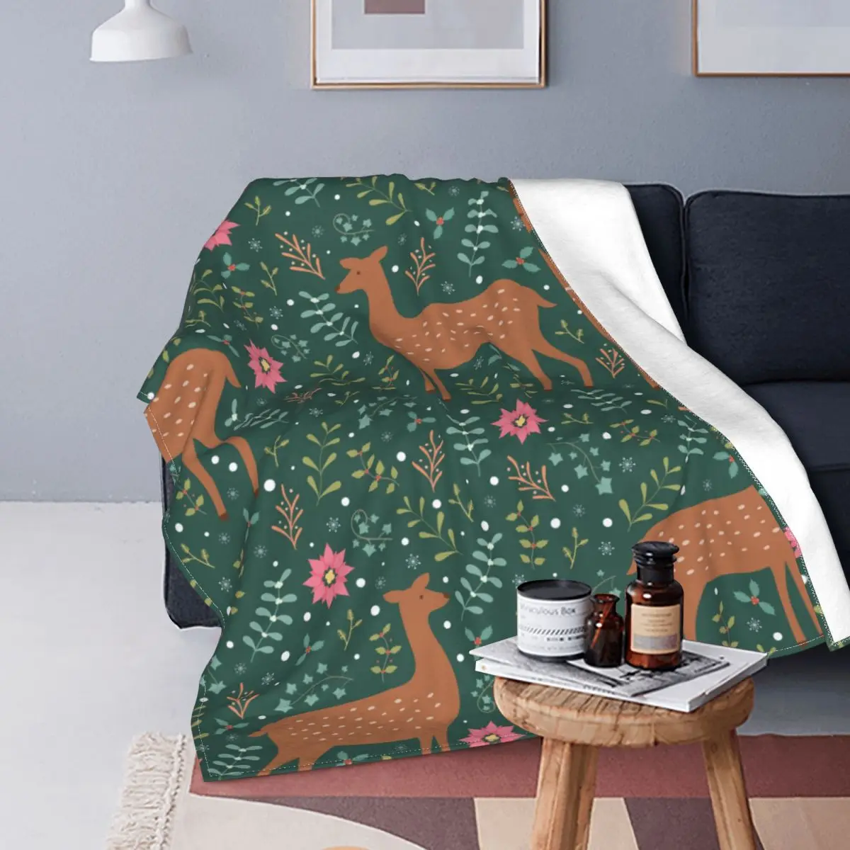 

Deers Winter Flora Knitted Blankets Fleece Vintage Soft Throw Blankets for Home Couch Bedroom Quilt