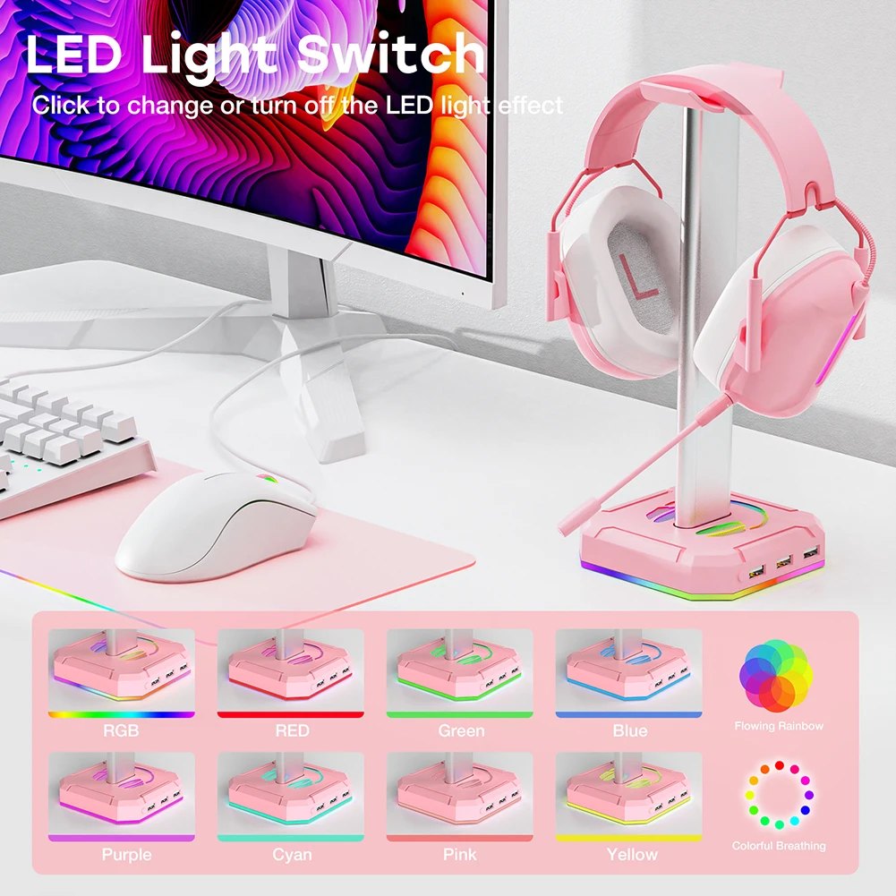 New Pink Headphone Stand RGB Over-ear Headset Desk Bracket Desktop Earphone Holder with 3 USB Port,for Gamer Gaming PC Accessory