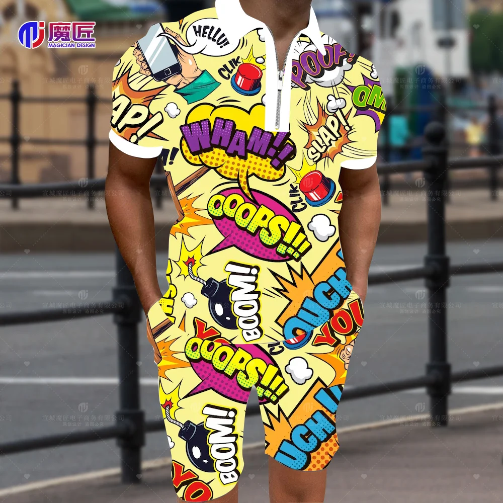 Anime 2023 New Summer Men's POLO Shirt 3D Cartoon Bomb Explosion Print Shorts Strange Shirt Harajuku Hip Hop Magic Shirt Set