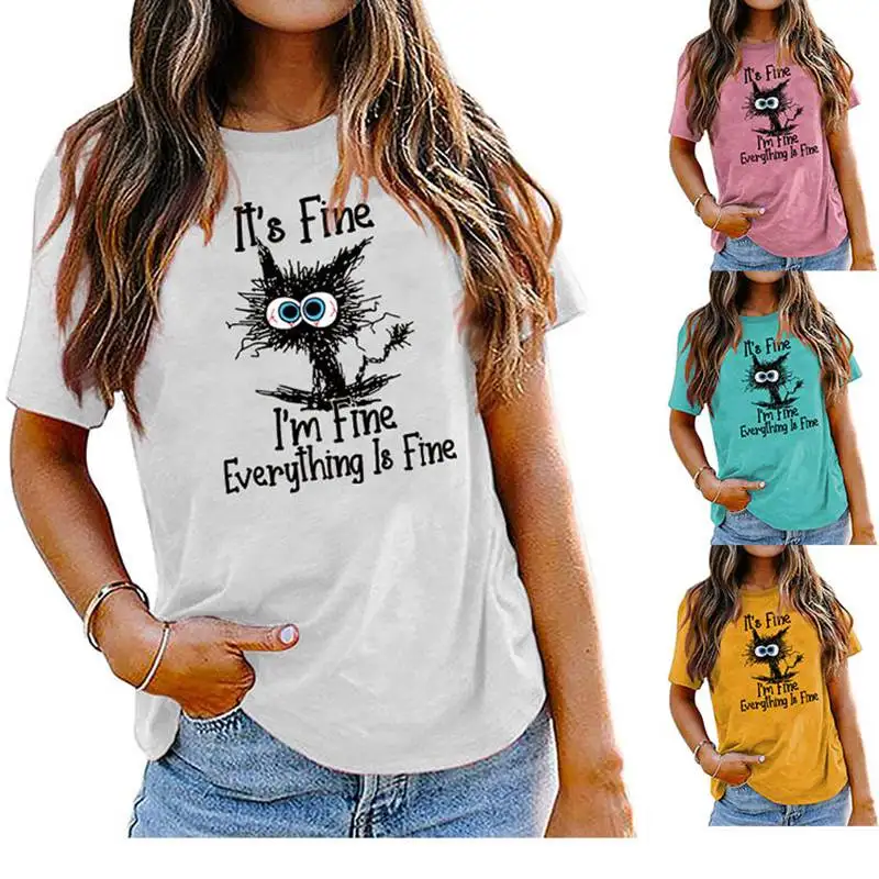 New summer women's fashion It's Finei 'mfine Letterprint retro casual round collar loose fashion short sleeve T-shirt