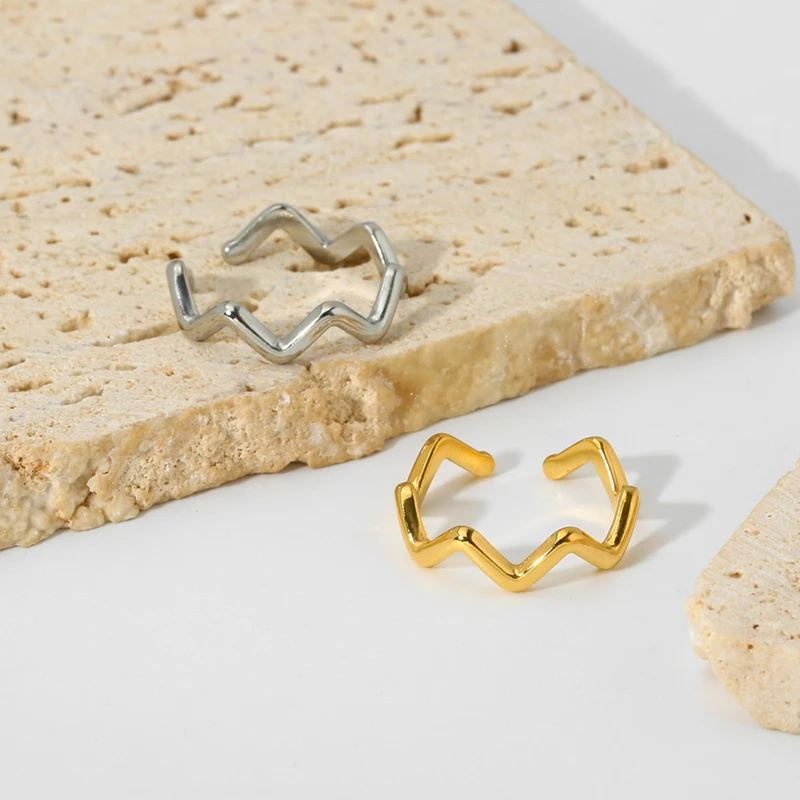 

F​rench Style 18k Gold Plated Stainless Steel Wavy Irregular Open Ring for Women Waterproof Index Finger Ring Jewelry Gift