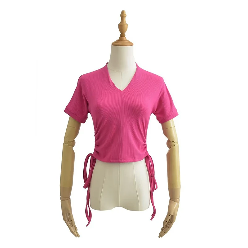 

Women's Sexy Top Summer Short Sleeve Deep V-neck Solid Knitted Crop Top Bottoming Short T-shirt Crop Tops