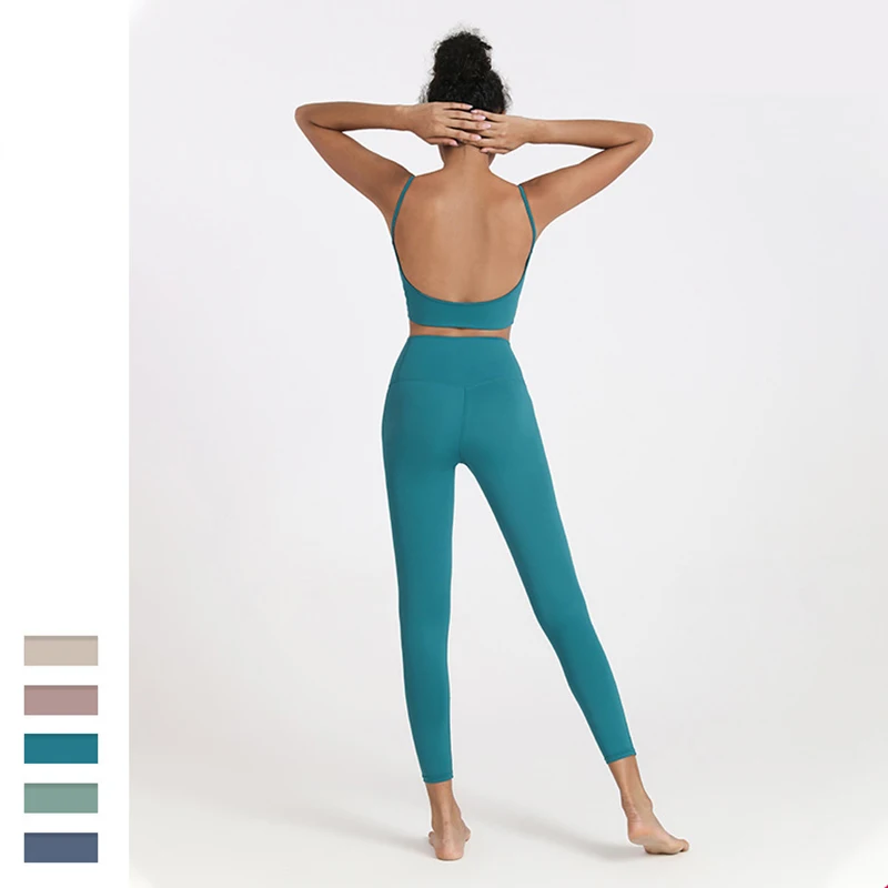 

2 PCS Women Second Skin Feel Yoga Set Backless Sports Suit Padded Fitness Workout Bras NO Front Seam Leggings S-XL