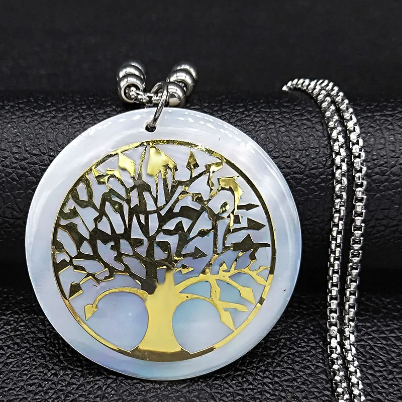 

Tree of Life Stainless Steel Shell Necklaces Women Silver Color Long Big Necklaces & Pendants Jewelry collares N19247S07