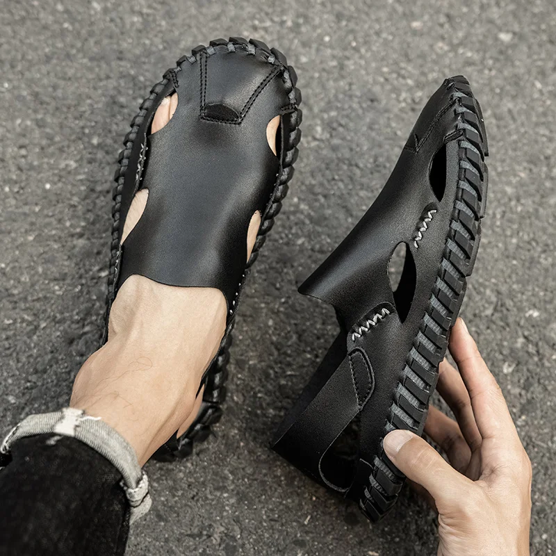 Summer Men Sandals Handmade Artificial Leather Clogs Man Beach Slippers Flat Shoes Plus Size 38-48